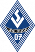 Blaues und weißes rautenförmiges Logo mit kühnen geometrischen Mustern, dem Wort Waldhof in Weiß auf einem schwarzen Banner und 07 in Weiß am unteren Rand.